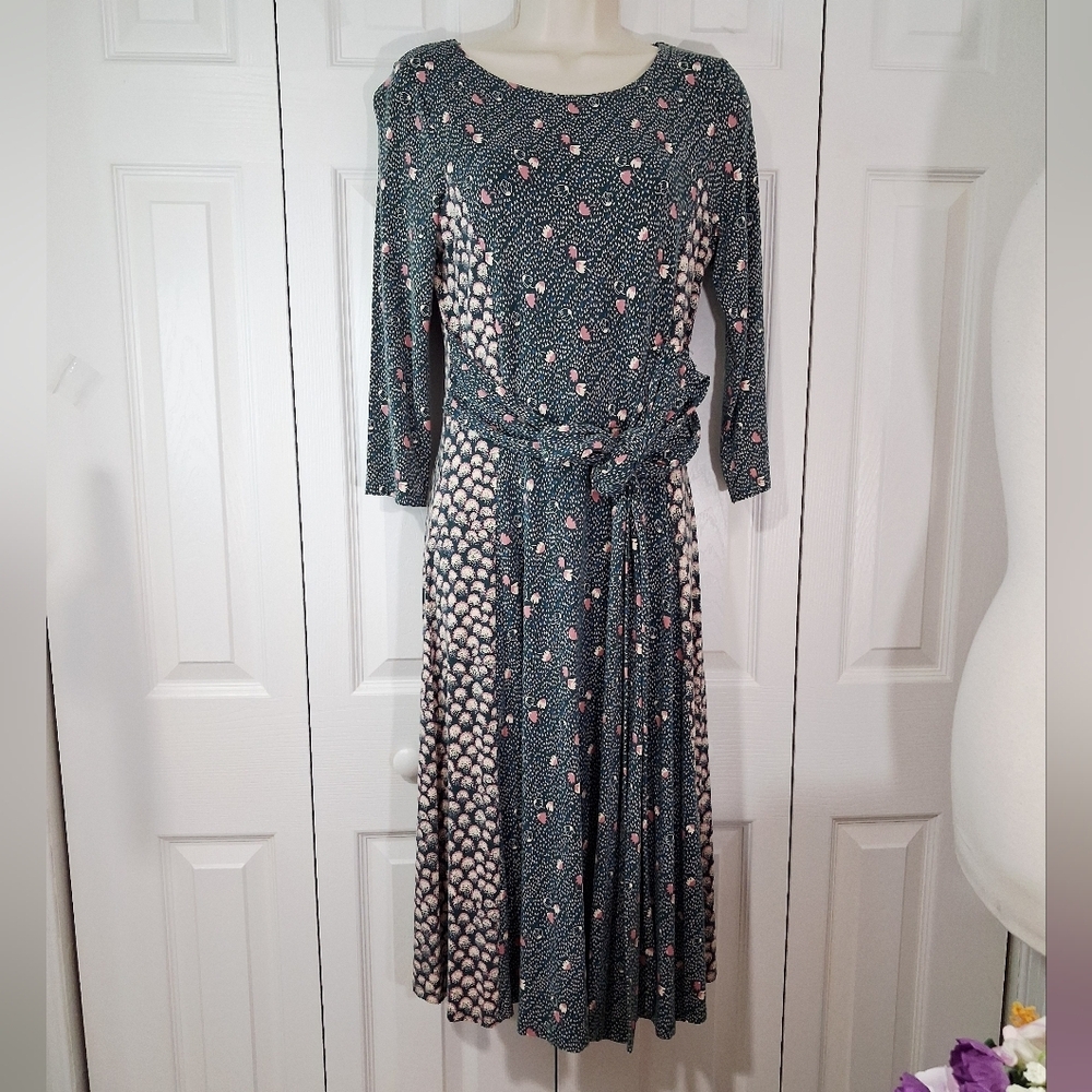Boden Dark Teal Midi Dress with Pink Floral Print